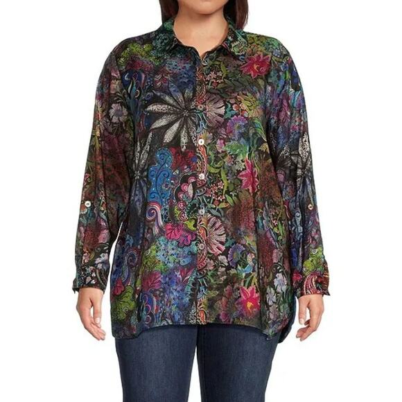 John Mark Tops - John Mark Mixed Print Satin Point Collar Long Roll-Tab Sleeve Button Blouse 3X